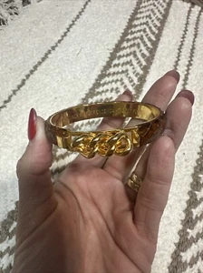 Vintage Stamped 24K Gold Plated Cuff Bracelet Bangle Leather Italy Signed - Picture 1 of 8