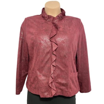 ELEMENTZ Maroon Suede-Feel Embossed Jacket Women's XL Full Zip Ruffle Metallic - Image 1 of 4