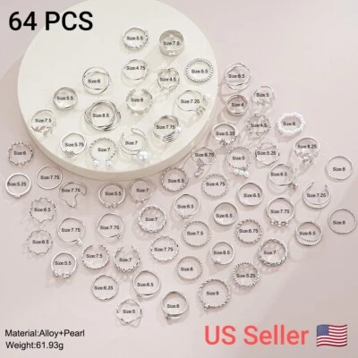 Juego de 64 anillos de nudillos geométricos color plata para mujer corazón cruz hoja perla Foto 1 de 4