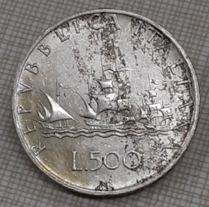 1960 Italy 500 Lire .835 Silver Coin/Columbus' Ships AU/Toned - Picture 1 of 2