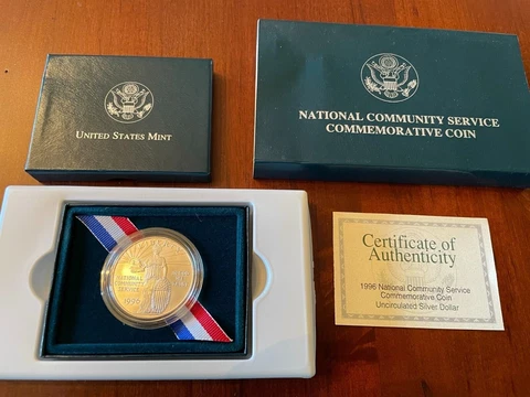 1996 US Mint Nat'l Community Service BU Silver Dollar in OGP Cover