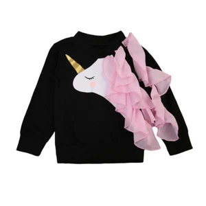 NEW Unicorn Black Long Sleeve Pink Ruffle Shirt 2T 3T 4T 5T 6 7 - Picture 1 of 5