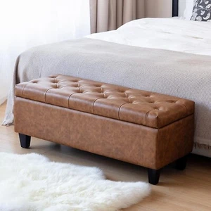 Brown Tufted Faux Leather Ottoman Storage Bench End of Bed for Entryway Bedroom - Picture 1 of 8