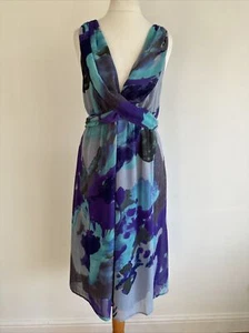 Jonathan Martin Dress Size 14 Purple Turquoise Grey Pattern Twist Belted V Neck - Picture 1 of 13