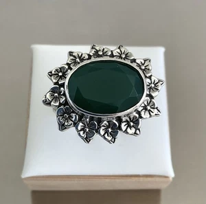 Dunkelgrüner Onyx ovale Blume Solitär Ring 5,4 Karat 925 Sterlingsilber Größe 9 - Bild 1 von 17