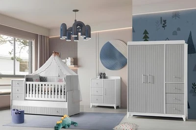 Komplett-Set für Kinderzimmer: Kommode, Kleiderschrank, Kinderbett Grau Farbe - Bild 1 von 4