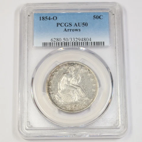 1845 O PCGS AU50 ARROW | Silver Seated Liberty Half Dollar - 50c US Coin #42999B Cover