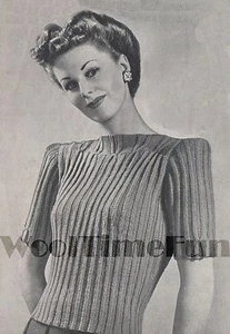 Vintage Knitting Pattern Lady's 1940s Ribbed Design Jumper Long or Short Sleeved - Picture 1 of 1