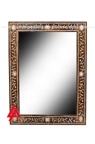 Wood Mother Of Pearl Flower Design Brown Color Mirror Frame Cover