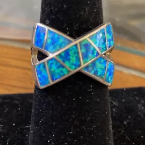 Blau Feueropal Inlay Ring Sterlingsilber 925 Damen Größe 7 - Bild 1 von 6