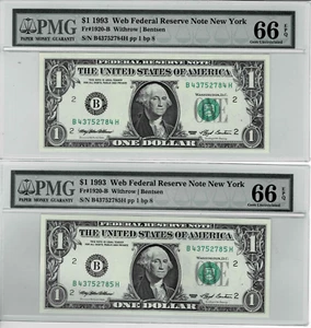 1993 $1 Federal Reserve 'WEB'Notes-NewYork-(2 Consecutive) Run 7- 1/8-PMG 66 EPQ - Picture 1 of 6
