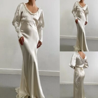 Vintage Champagne Satin Wedding Dresses Scoop Neck Long Sleeves Sweep Train - Image 1 of 4