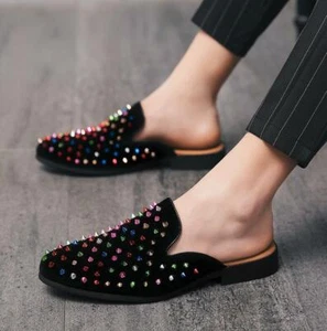Mens Bling Bling Rhinestone Casual Dress Rivet Slip On Slippers backless shoes - Picture 1 of 11