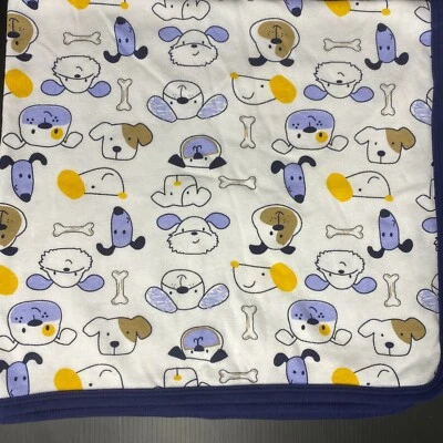 Lovespun White Baby Blanket Puppy Dog Faces Bones Blue Trim Cotton Stretch Knit - Image 1 of 3