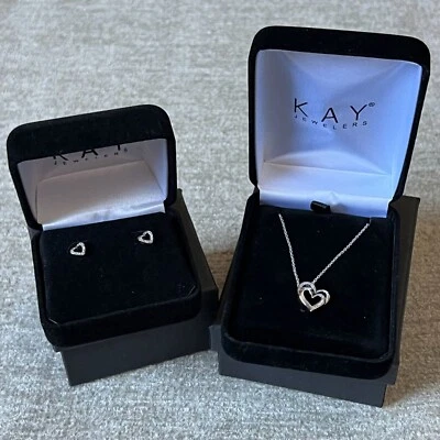Kay Jewelers Heart Necklace Earrings Set 925 Sterling Silver Pave Diamonds - Изображение 1 из 4