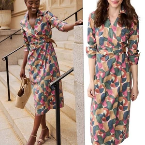 J. McLaughlin sz S Stretch Cotton Geometric Harmony Mercer Midi Wrap Dress NEW - Picture 1 of 20