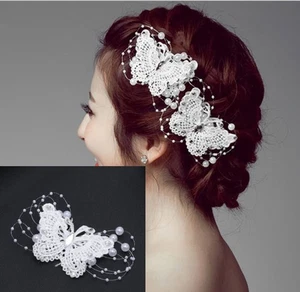 2x Haarspange Schmetterling Hochzeit Braut Haarschmuck Perlen Spitzen - Bild 1 von 2