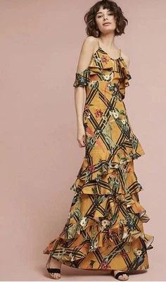 PatBo Anthropologie Moana Ruffle Maxi Dress Size 2 Wedding Vacation Tropical - Image 1 of 4