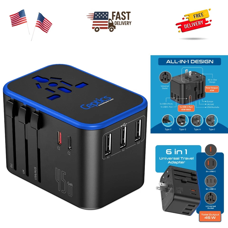 World International Travel Plug Adapter by Ceptics - Powerful 33.5w With PD & Qc