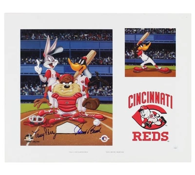 Perez and Bench Signed Cincinnati Reds Unframed 16×20 Looney Tunes MLB Photo - Image 1 of 3