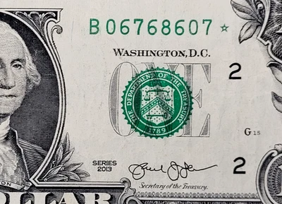2013 $1 Dollar Star Note Duplicate Serial Number B06768607* Wash B Series Error - Image 1 of 3