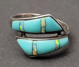 Sterling Turquoise Bypass Ring With Opal Inlay Size 7 - Picture 1 of 7