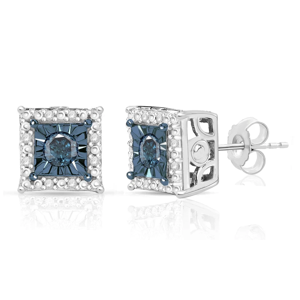 1 Cttw Blue Diamond Stud Earrings in Sterling Silver - Image 1 of 1