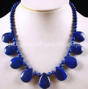 Collana con ciondolo a goccia 6 mm blu lapislazzuli pietra preziosa rotonda e 18x25 mm 18" - Foto 1 di 6