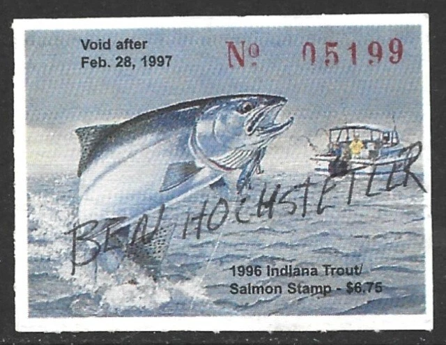 USA 1996 INDIANA Trout & Salmon Fishing Revenue Stamp #47 Signed - Image 1 of 1