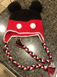 NEW Handmade ETSY Mickey Mouse Disney Pom Beanie Ear Flap Knit Ski Hat Cap - Picture 1 of 1
