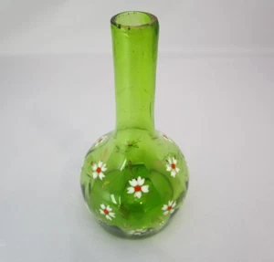 Vintage Barber Bottle Light Green Optic Glass Hand Painted Flowers Rough Pontil - Picture 1 of 9