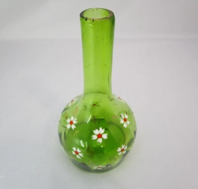 Botella de peluquero vintage verde claro vidrio óptico pintado a mano flores áspera Pontil Foto 1 de 4