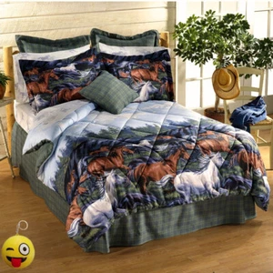 Farm Life Equine HORSES Comforter Set Bed In a Bag Hunter Green Plaid REVERSIBLE - Picture 1 of 10