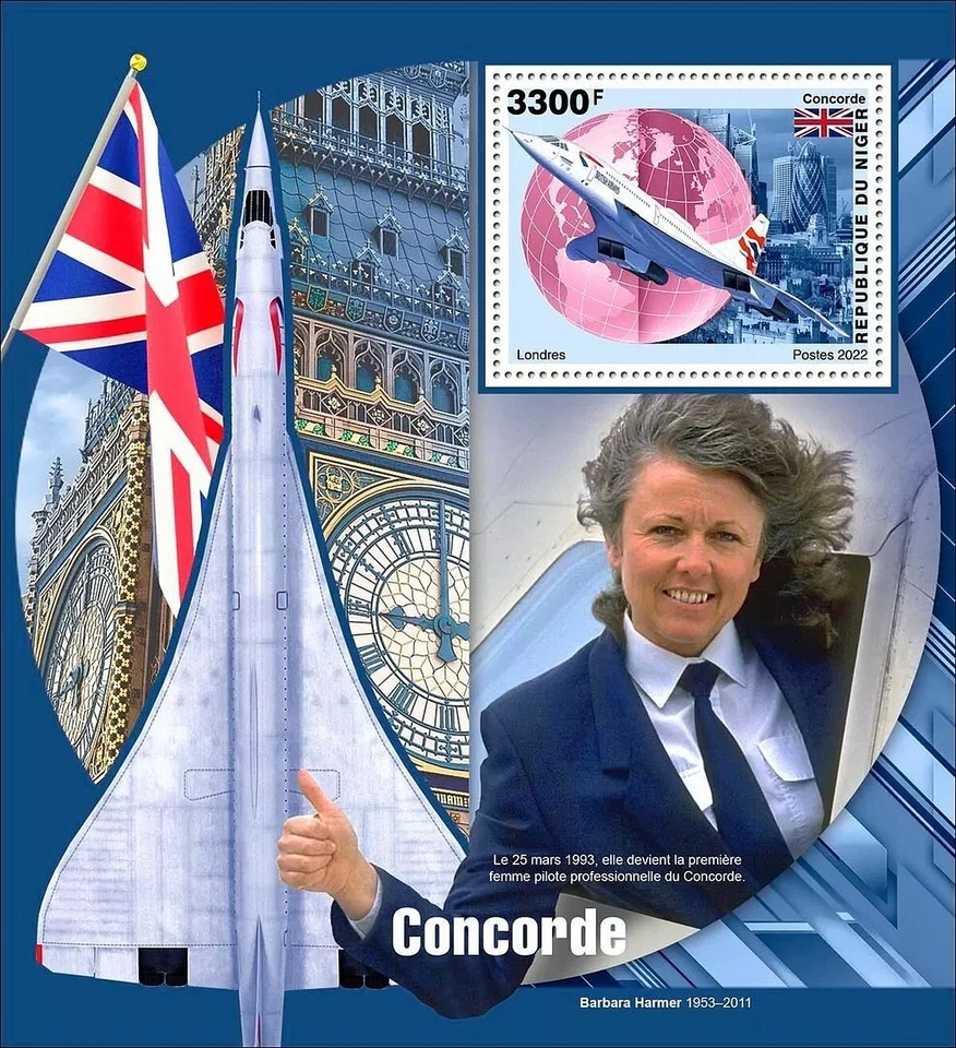 Hoja de estampillas BA CONCORDE Pilot BARBARA HARMER London Aircraft MNH (2022 Níger) Foto 1 de 1