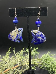 Vintage artisan, southwest, lapis lazuli angel fish dangle earrings - 2" - Picture 1 of 7