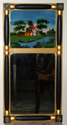 Vintage two-part MIRROR, Federal style, eglomise glass, ebonized, gilt, 30"t Cover