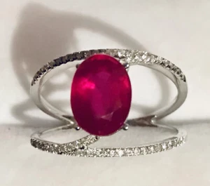 ** NATURAL RED RUBY & REAL DIAMONDS HALO RING 14K SOLID WHITE GOLD - Picture 1 of 10