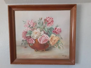Modern art 20th century oil painting canvas panel pink Roses brass vase framed - Picture 1 of 11