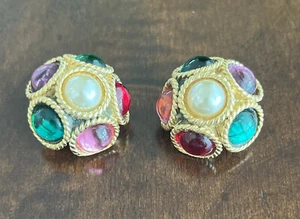 Nat Landau Hyman Ohrring Clip On Goldton mehrfarbig Cabochons und Kunstperle - Bild 1 von 11