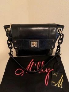 Milly Black Leather/Croc Embossed Top Flap Handbag w/Chunky Enamel Chain Strap - Picture 1 of 17