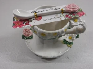 Botanical Collection By CornerRuby 3 Piece Tea Cup Saucer Spoon With Rose - Picture 1 of 3