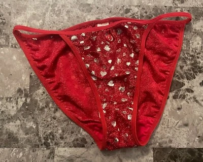 NWT RENE ROFE L RED SILVER HEART SHIMMER VINTAGE RARE STRING BIKINI PANTIES - Image 1 of 4