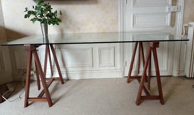 Table  en verre trempé-tréteaux en hêtre massif - 180 x 82cm - Photo 1/4