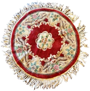 Vintage Chinese Wool Red Round Hand Floral Knotted Art Circle Rug 41" - Picture 1 of 11