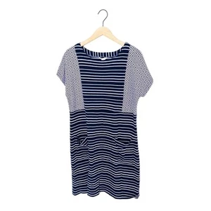 White Stuff Akira Dress Size 14 Navy White Stripe Cotton Pocket Short Sleeve - Picture 1 of 11