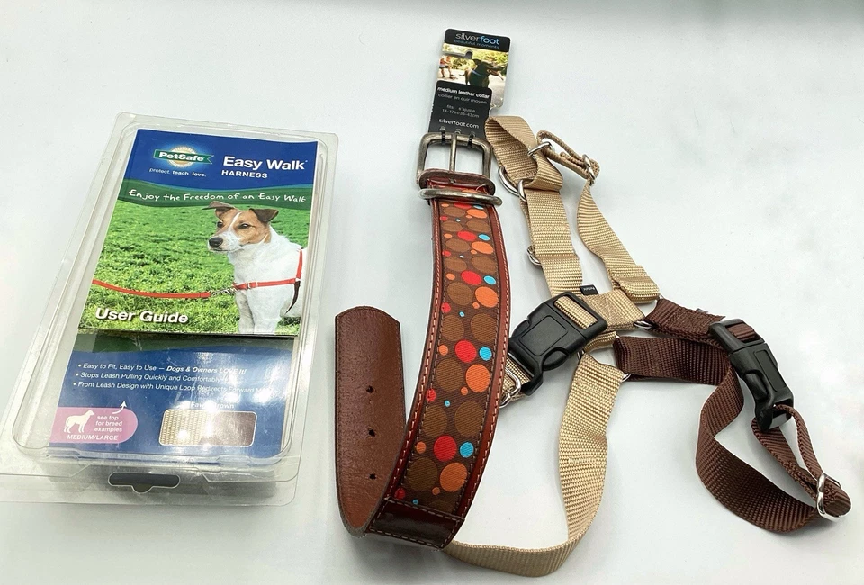 Lot/Bundle Silverfoot Medium Leather Dog Collar & Pet Safe Easy Walk Harness M/L - Image 1 of 4