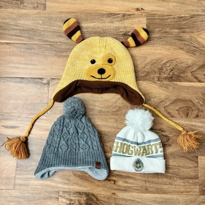 批量 3 件 混合风格 男女通用 儿童 霍格沃茨 熊 灰色 豆豆帽 Pom OSFM — 第 1/4 张图片