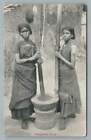 Indian Girls Pounding Rice in Mortar Pestle~Antique Postcard "Toe Rings" Message
