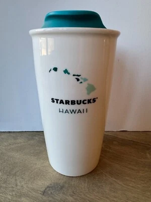 Starbucks 2014 Hawaii Ceramic White / Teal Coffee Travel Tumbler Mug 12 oz - Image 1 of 4
