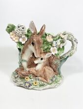 Fitz & Floyd Woodland Spring Pitcher Ceramic Doe Fawn Deer Owl Rabbit
